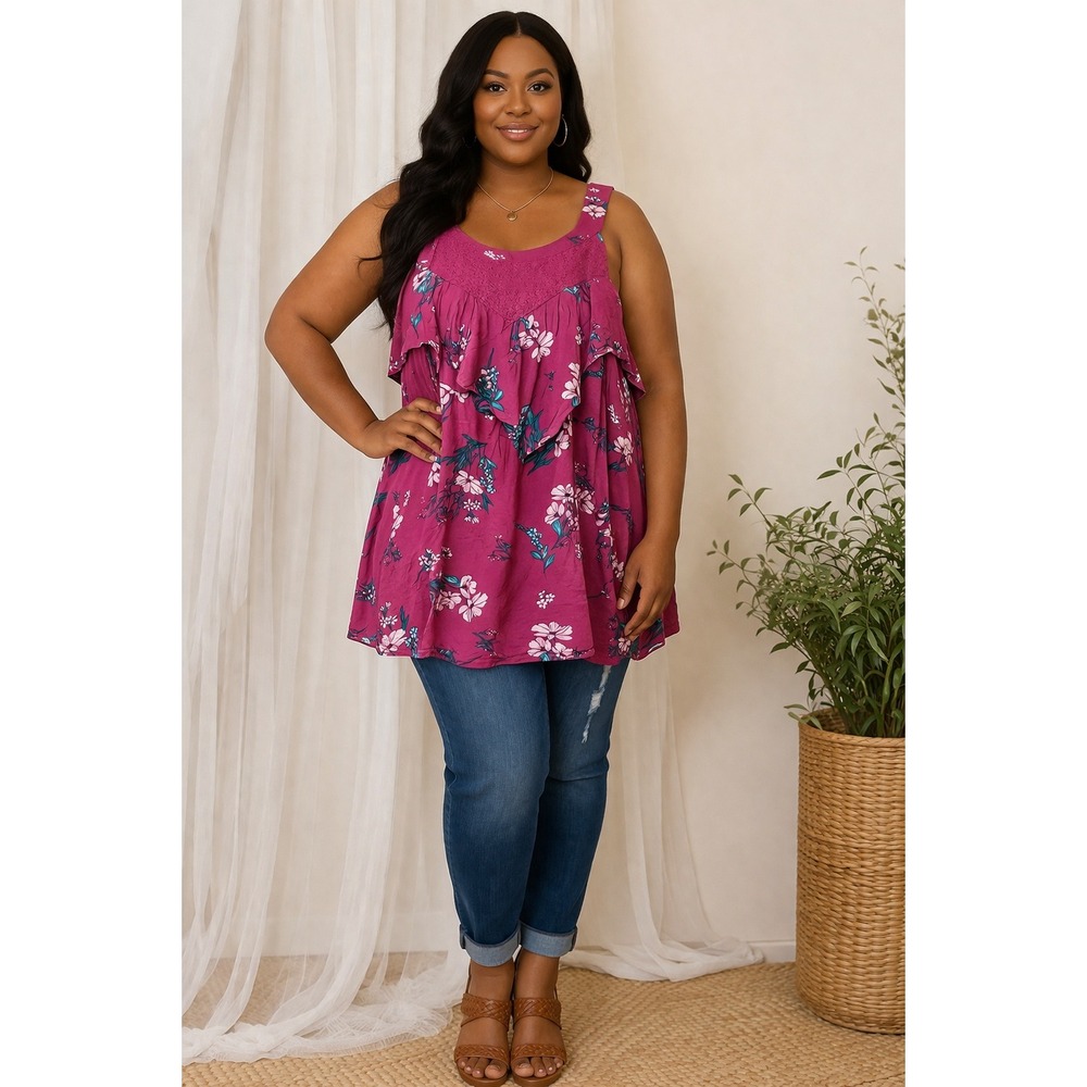 Torrid Floral Cottagecore Whimsical Top Pink Ruffle Feminine‎ Size 1X Lace Vaca